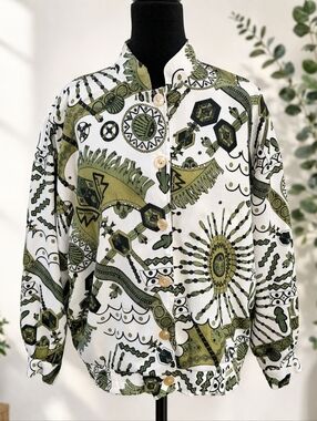Vintage Late 1980s Joyce Abstract Tribal Print Button Up Jacket Retro Size 10